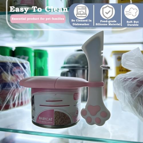 3 Pcs Cat Food Can Lids & One Opener | Cute Paw Shape Can Covers and Opener Spatula Cat Spoons for Wet Food | Universal BPA Free Silicone Spoon & Covers for Dog Cat Cans(Pink)