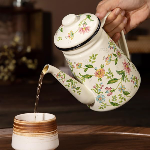Enamel Tea Kettle – 1.2L Stovetop Teapot with Vintage Floral Pattern, Kettle for Stove, Ideal Small Tea Kettle for Gas & Induction Cooktops