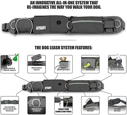 TAKSIN The Ultimate Hands Free Dog Leash System for Walking Running Hiking Training, Reflective Bungee Leash, Treat Holder, Poop Bag Dispenser for Small Medium Large Dogs (Grey Pack)