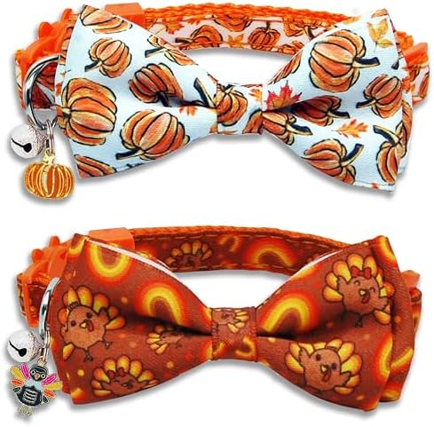 Fall Thanksgiving Harvest Cat Collar with Removable Bow Tie and Bell, Holiday Safety Breakaway Collar with Turkey and Pumpkin Spice Pattern for Boys and Girls Kitties Kittens