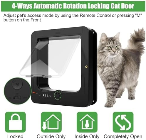 Microchip Cat Door - Smart 4-Way Locking Pet Door with Remote Control and Two Sensor Collars for Safe Entry, Automatic Sensor Gate for Cats Dogs, Doorway, Wall, Patio, Porch, Balcony, Hallway, Home