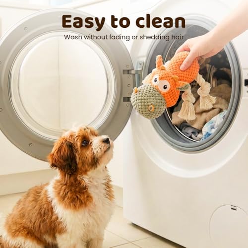 Squeaky Plush Duck Dog Toy for Aggressive Chewers with Built-in Sound (Pink Cow)