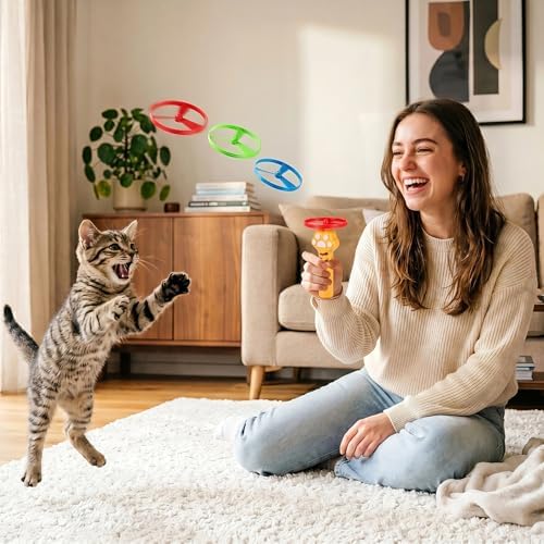 Ciieeo 1 Set Cat Toy Disc Launcher, Interactive Cat Fetch Toy Rechargeable Launcher with Flying Discs - Funny Flying Enrichment Supplies for Indoor Bored Kittens Adult Breeds
