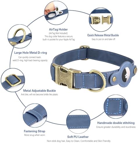 Airtag Dog Collar, PU Leather Collar w Airtag Holder for Medium Dogs(Blue)