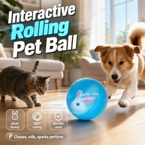 Interactive Cat Toy Ball, 2026 Rechargeable Self-Rolling Cat Toy Ball, Electric Hamster Running Rolling Ball with Auto Obstacle Avoidance, Automatic Moving Cat Toys for Indoor Cats & Dogs, Rabbit blue