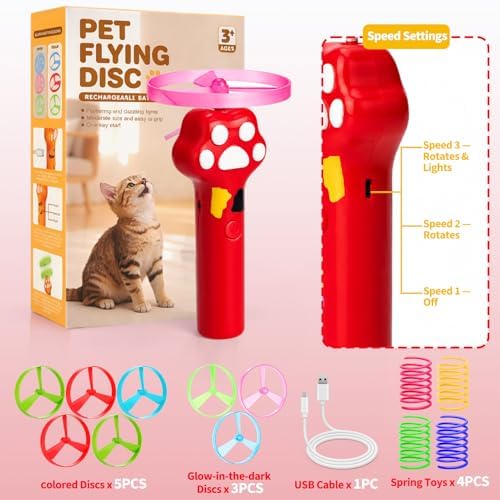 BABORUI Cat Toy Disc Launcher, Rechargeable Interactive Cat Fetch Toy Launcher with 8 Flying Discs, Flying Enrichment Toys for Indoor Bored Kittens & Adult Cats (Red)