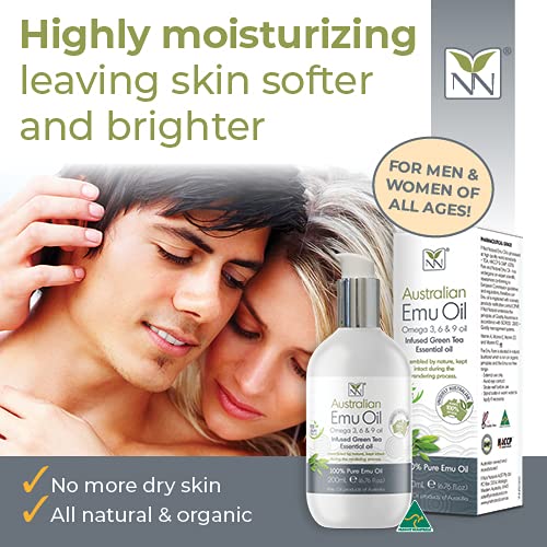 Y Not Natural Pure Emu Oil - Organic Moisture for Face, Body, Hair, Scalp & Nails - Rich in Omega 3-6-9, Vitamins & Essential Minerals - Australian Emu Oil (200ml) 6.76 fl oz - Green Tea