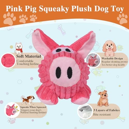 Pink Pig Squeaky Dog Toy, Plush Chew Resistant