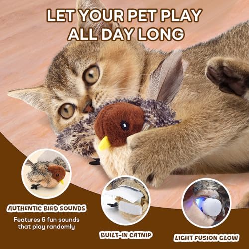 Interactive Chirping Bird Cat Toy, Rechargeable Automatic Cat Toy with Real Bird Sound and Feather Tail, Kicker Toy for Indoor Cats and Kittens