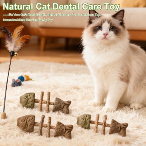 3PCS Catnip and Silvervine Chew, Creative Fish Bone Cat Dental Chew Toy, Fix Cat Dental Health, Durable Wooden Feline Tooth Care Tool
