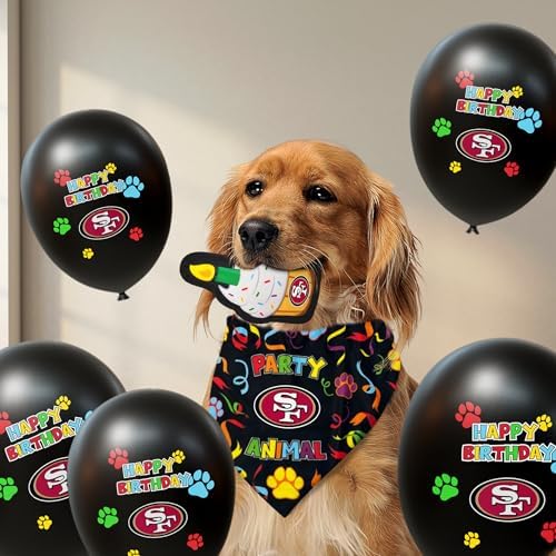 NFL SAN Francisco 49ERS Dog Birthday Party Set 8pcs with 1 Football Bandana Large/X-Large, 1 Birthday Cake Toy & 6 B-Day Balloons, Dog Birthday Set, Costume, Fun Doggie Party Accesories