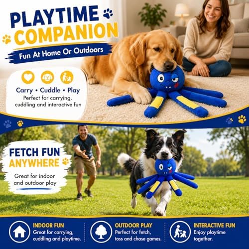 Octopus Dog Toy, Squeaky Plush Toy for Small and Medium Dogs | Funny Octopus Dog Toy with 6 Floppy Tentacles, Squeaker, Crinkle Sounds and Tiny Treat Pockets for Small and Medium Dogs