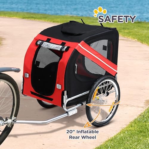 Heavy-Duty Dog Bike Trailer & Pet Cargo Carrier with 3 Zippered Doors 20" Off-Road Wheels for Medium Dogs Up to 44 lbs - Easy Fold & Storage Red/Black