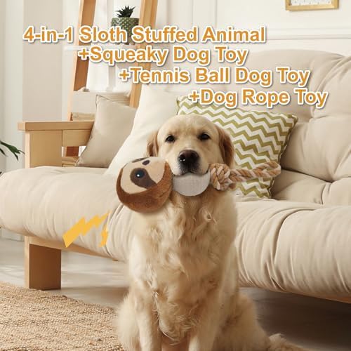 10.24 Inch Sloth Squeaky Dog Toy with Tennis Ball & Rope, Plush Chew Toy for Puppy Teething, Interactive Tug of War Toy for Small Medium Large Dogs