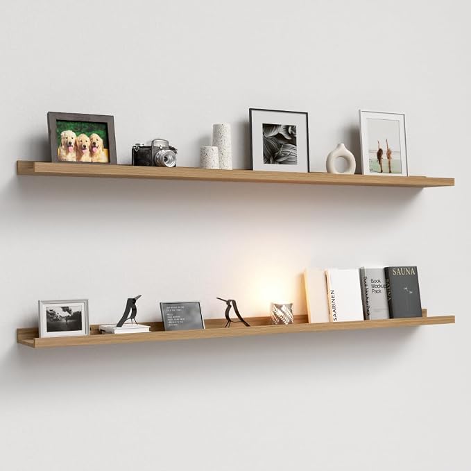 Boswillon Floating Shelves Set of 2, Long Wall Shelf with Lip, 56in, Oak | Display Ledge Shelf for Room Wall, Wall Decor Shelves for Bathroom, Living Room, Bedroom, Kitchen, Nursery Room, Rustic, Wood