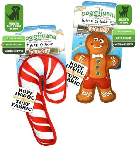 Doggijuana Candy Cane & Gingerbread Dog Toy Bundle | Holiday 2 Pack, Squeak