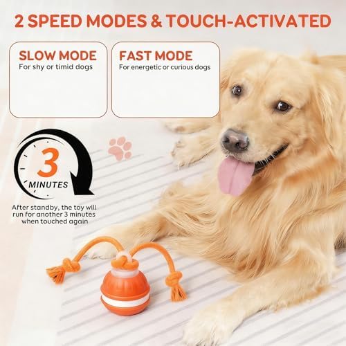Interactive Dog Toys, Automatic Rolling Ball, Squeak Dog Toys for Boredom Interactive, Touch Activated, Dog Ball Chew Toy with Fun Rope for Small/Medium Dog Cat Indoor/Outdoor (Orange)