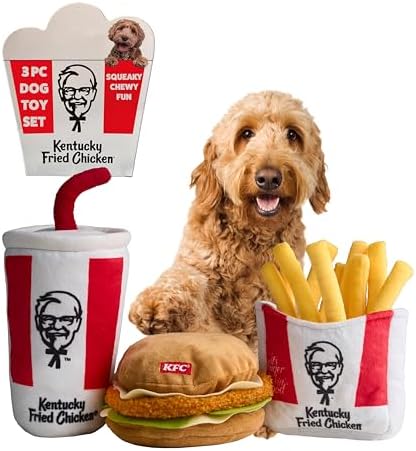 KFC Finger Lickin' Good 3-Piece Plush Dog Toy Set – Chicken Sandwich, French Fries & Soda, Crinkle & Squeaky Interactive Toys for Medium Dogs & Gentle Chewers