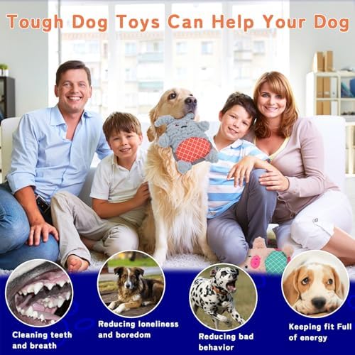 Crinkle Dog Toys Squeaky Plush No Stuffing Cute Puppy Stuffless Tough Rop Pull Toy, Fun Dog Stuffed Animals Durable Chew Set for Small Medium Large Pup (Large, Pink Pig+Blue Dog)