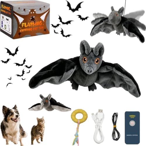 Flying Bat Dog Toy, Flapping Bat Dog Toy, Flapping Wings Interactive Pet Toy, Motion Activated Rechargeable Plush Toy with Chirping Engages Cats and Dogs, Mimics Real Flying Motion
