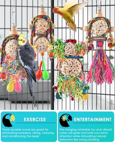 Bissap Conure Toys, 4 PCS Bird Parrot Foraging Shredder Hanging Toys Sola Balls with Sand Hammer for Small Parrots Parakeets Conures Cockatiels Love Birds Cage Toy