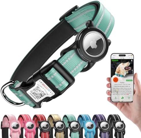 Reflective Dog Collar with AirTag Holder, Waterproof Dog Collar with QR Code, Heavy Duty Adjustable Pet Collar for Small Medium Large Dogs, Teal