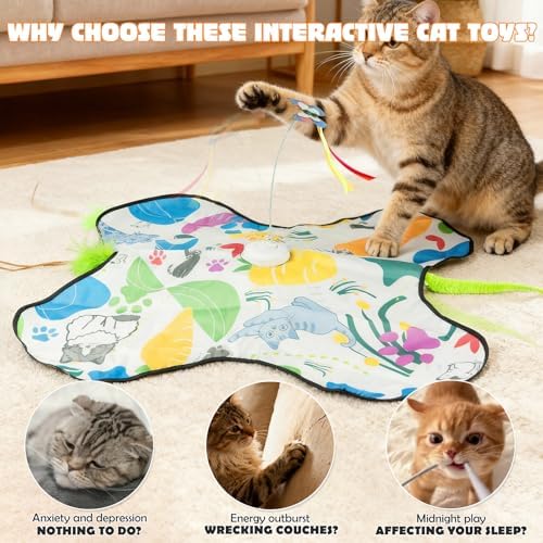 Interactive Cat Toys Rechargeable for 4 in 1 Hide and Seek Game, Moving Concealed Wand Feathers, Real Mouse Squeaky, Durable Exercise Toys for Indoor Cats for Bored Adult Cats Wand Toy