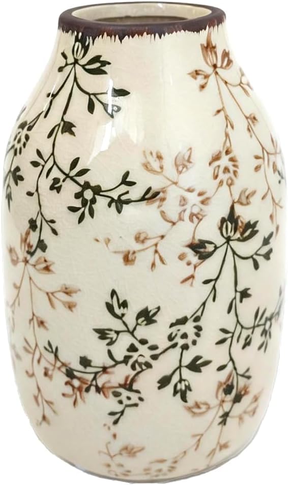 LIFFY Ceramic Vase Green and Beige Vintage Home Decor, Chinoiserie Floral Vase, Rustic Ceramic Large Vases for Home Decors, Living Room, Bookshelf, Office, Chinoiserie Decors, Tuscan Decor 7.5 Inch