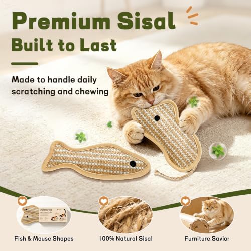 Refillable Catnip Kicker Toys, Sisal Fish & Mouse with Catnip & Silvervine Gall Fruit, Durable Interactive Cat Toy for Indoor Cats, 2-Pack