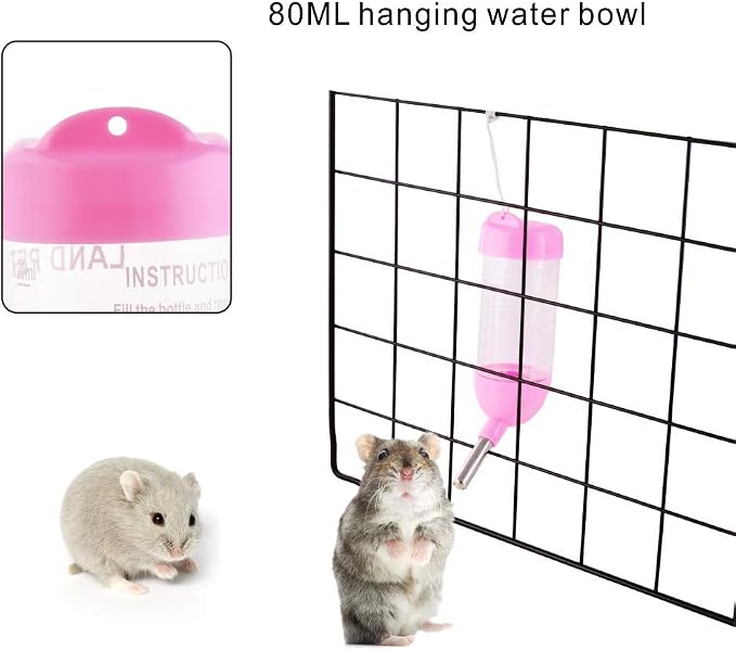 Guardians Hamster Water Bottle, Little Pet Automatic Drinking Bottle with Food Container Base Hut Hanging Water Feeding Bottles Auto Dispenser for Small Animals(80ml,Pink)
