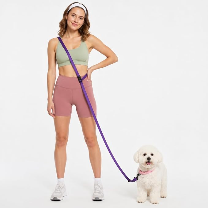 Kazazoo Hands-Free Dog Leash Adjustable Length 5-8 Ft,Waist & Crossbody Leash for Walking with Small Dogs Bichon Frisé & Teddy Reflective Strips, Ballistic Nylon, Waist Belt, Lightweight Purple