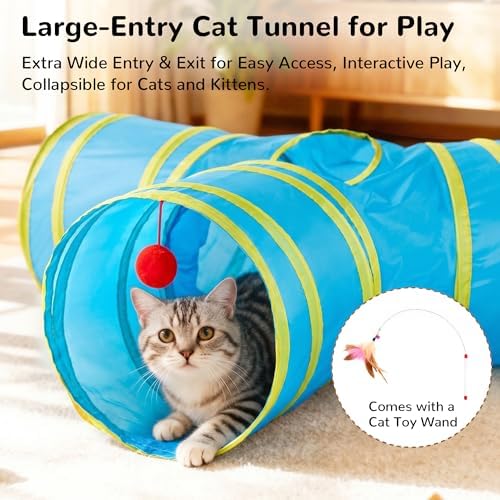 Tempcore Cat Tunnel, 3-Way Collapsible Toy for Indoor Cats, Blue & Yellow
