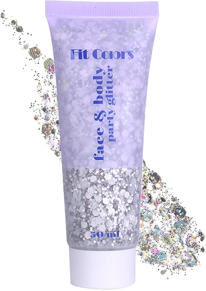 Silver Face Body Hair Glitter Gel for Women and Kids, Monochrome Holographic Mermaid Sequins Chunky Glitter Paint Makeup for Mardi Gras Halloween Festival Rave Outfits Accessories, 1.7oz, #05