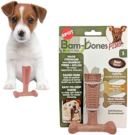 SPOT Bam-Bones Plus T Bone – Bamboo Fiber & Nylon Dog Chew Toy for Moderate to Aggressive Chewers, Durable & Non-Splintering, Long Lasting Beef Flavor Toy for Dogs & Puppies Under 30 lbs, 4 in