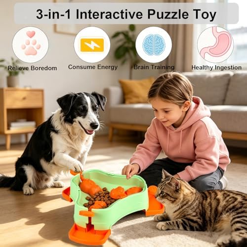Dog Cat Treat Dispenser Slow Feeder Toy, 3-in-1 Interactive Dog Puzzle Press Toys, Dog Enrichment Toy No-Slip Interactive Brain Training Toys for Smart Dog Cats (Green/Orange)