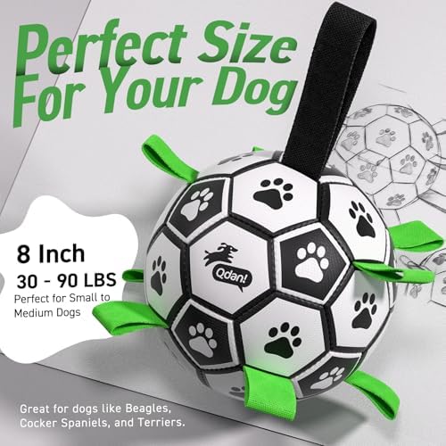 QDAN Large Dog Toys, Soccer Ball for Dogs with Straps, Herding Dog Balls | Interactive Soccer Toys for Tug of War, 8 Inch Dog Ball for Medium Large Puppy, Birthday Toy for 30-90 lbs Dogs, Water Toy