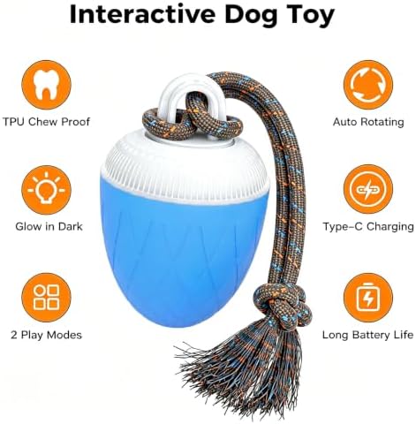 Interactive Dog Ball Toy for Medium & Large Dogs, Automatic Moving Dog Toy with Bird Sounds and Rope, USB Rechargeable Smart Ball with Fast & Slow Modes, 500mAh Dog Enrichment Toy