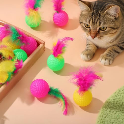 Veemoon Cat Feather Toy 24 pcs Interactive Feather Ball for Cats Sounding Teaser Play Balls 3.34 X 1.49 X 1.49 in Indoor Exercise Supplies for Home or Shop
