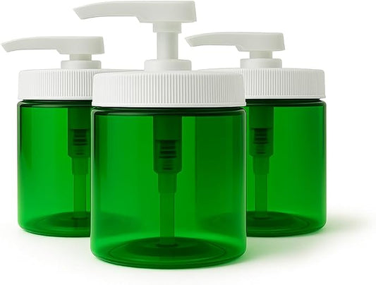 Royal Massage 16oz Refillable Pump Jar with Locking Dip Tube Dispenser – BPA-Free Plastic Container for Massage Oils, Lotions, Creams – Ribbed Lid Wide-Mouth Jar – Durable & Reusable (Green/White, 3)