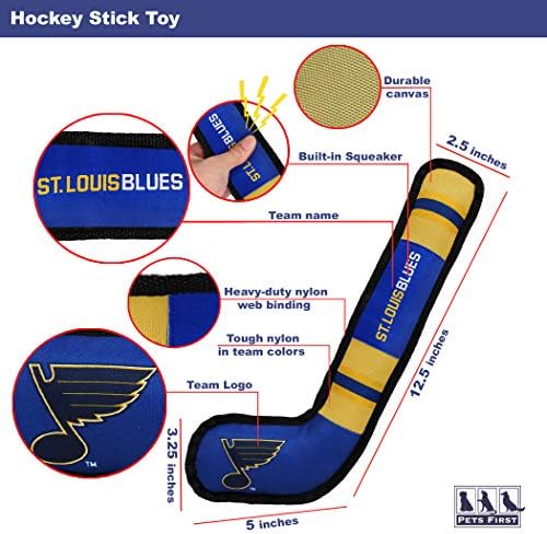 Pets First Dog Toy Tough Nylon with Inner Squeaker Licensed by NHL St. Louis Blues Hockey Stick Toy for Dogs & Cats. Play Hockey with Your Pet with This Licensed Dog Tough Toy