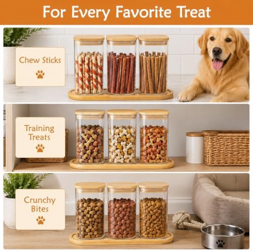 Dog Treat Container, Large Dog Treats Container, Farmhouse Wood Pet Treats Storage Organizer for Dog Food Storage Container, with 3 Glass Jars, Cat Dog Biscuit Dispenser, Great Gift for Pet Dog Owners