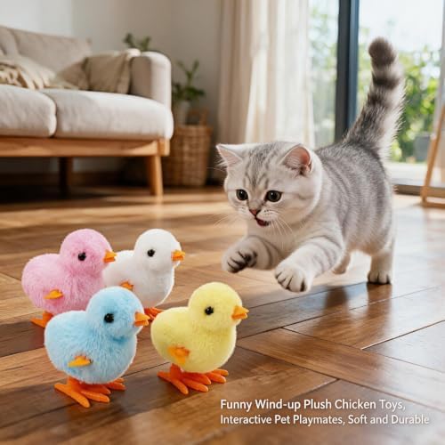 Wind Up Plush Chicken Pet Toy Set of 4, Moving Jumping Fluffy Clockwork Chick Toys with Chirp Sound, Interactive Entertainment Play Toys for Cats & Dogs