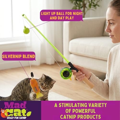 Mad Cat Go Fish Light Up Fishing Wand Teaser Cat Toy, Catnip and Silvervine