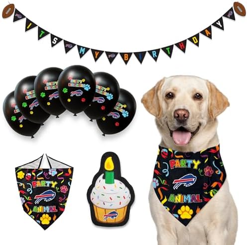 NFL Buffalo Bills Dog Birthday Party Set 9pcs with 1 Football Bandana Small/Medium, 1 Banner, 1 Birthday Cake Toy & 6 B-Day Balloons, Dog Birthday Set, Costume, Fun Doggie Pawty Accesories