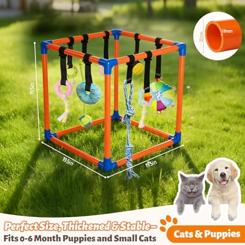 Puppy Play Gym with 9 Hanging Toys for Small Dogs, PVC Frame with Bungee Straps, Interactive Indoor Jungle Playground for Entertainment, Teething and Mental Stimulation