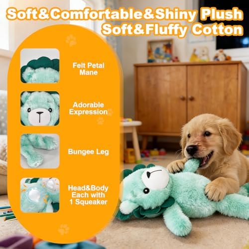14.37 Inch Green Lion Squeaky Dog Toy, Plush Chew Toy with Bungee Legs for Puppy Teething, Indoor Outdoor Interactive Toy for All Dog Sizes