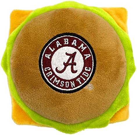 NCAA ALABAMA CRIMSON TIDE CHEESE BURGER PLUSH DOG & CAT SQUEAK TOY - Cutest STADIUM HAMBERGER SNACK Plush Toy for DOGS & CATS with INNER SQUEAKER & Beautiful Football/Basketball Team Name/Logo