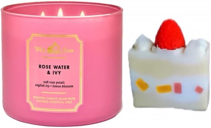 White Barn - Bath & Body Works- 3-Wick Scented Candle 14.5 OZ Burns 25-45 Hours with Strawberry Cake Soap Natural (Rose Water & Ivy)