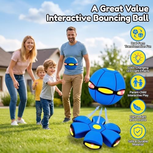 Magic Bouncing Ball, Pop Up Balls, Flying Saucer Ball Toy with 6 - Lights, Durable Material Supports Repeated Indoor/Outdoor Family and Pet Play (Blue)