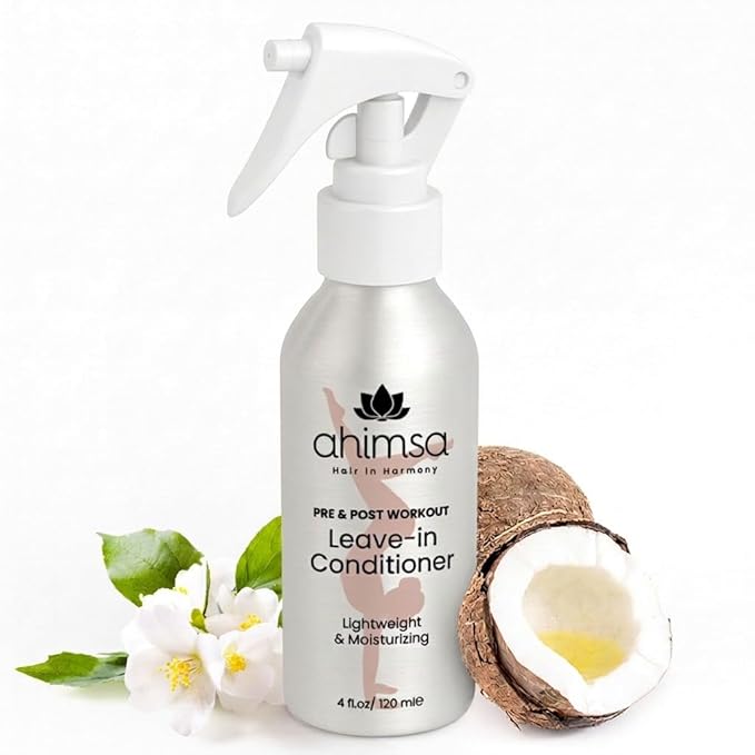 Ahimsa Pre & Post Workout Leave-In Conditioner, Lightweight Hydrating Leave In Conditioner for Curly, Wavy & All Hair Types, Anti-Frizz Heat Protectant, Water-Based with Coconut Oil & Jasmine (4oz)